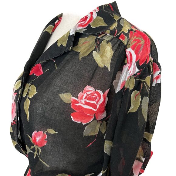 Vintage 1980s Retro Sheer Black Floral Cottagecore Midi Shirt Dress w/Pocket - Picture 4 of 11